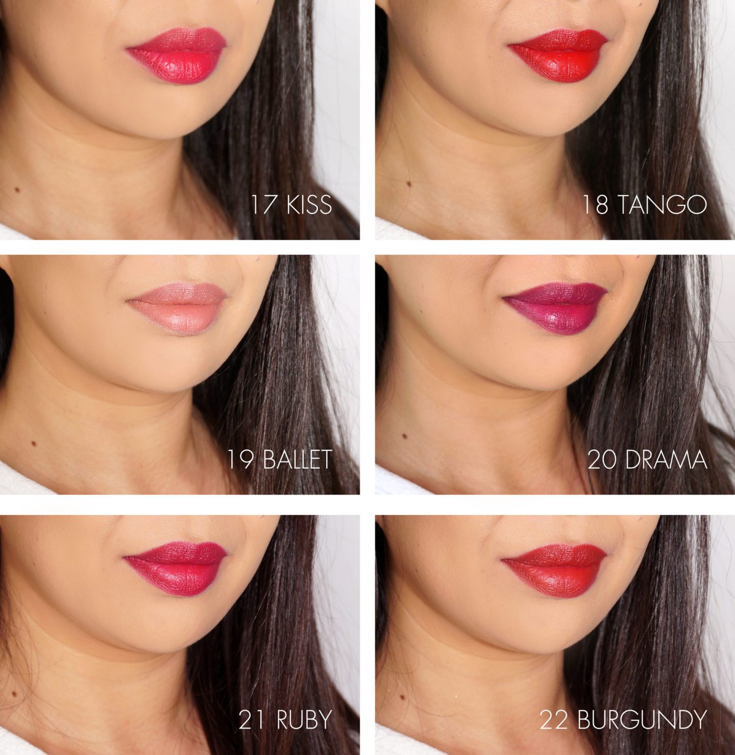 Sisley Phyto-Lip Twist Matte in 17 Kiss, 18 Tango, 19 Ballet, 20 Drama, 21 Ruby and 22 Burgundy