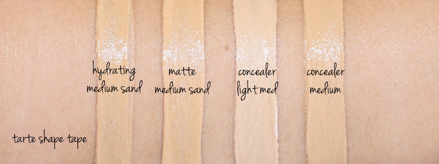 Tarte Shape Tape Foundation in Medium Sand and Concealer in Light Medium and Medium swatches