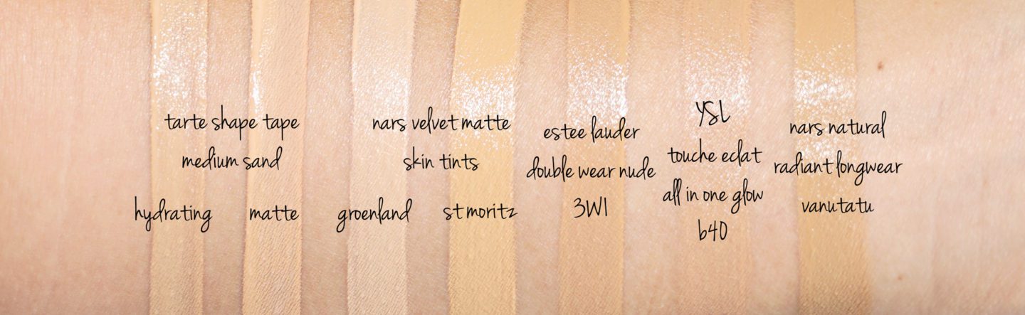 Tarte Shape Tape Foundation swatches Medium Sand vs NARS, YSL, Estee Lauder