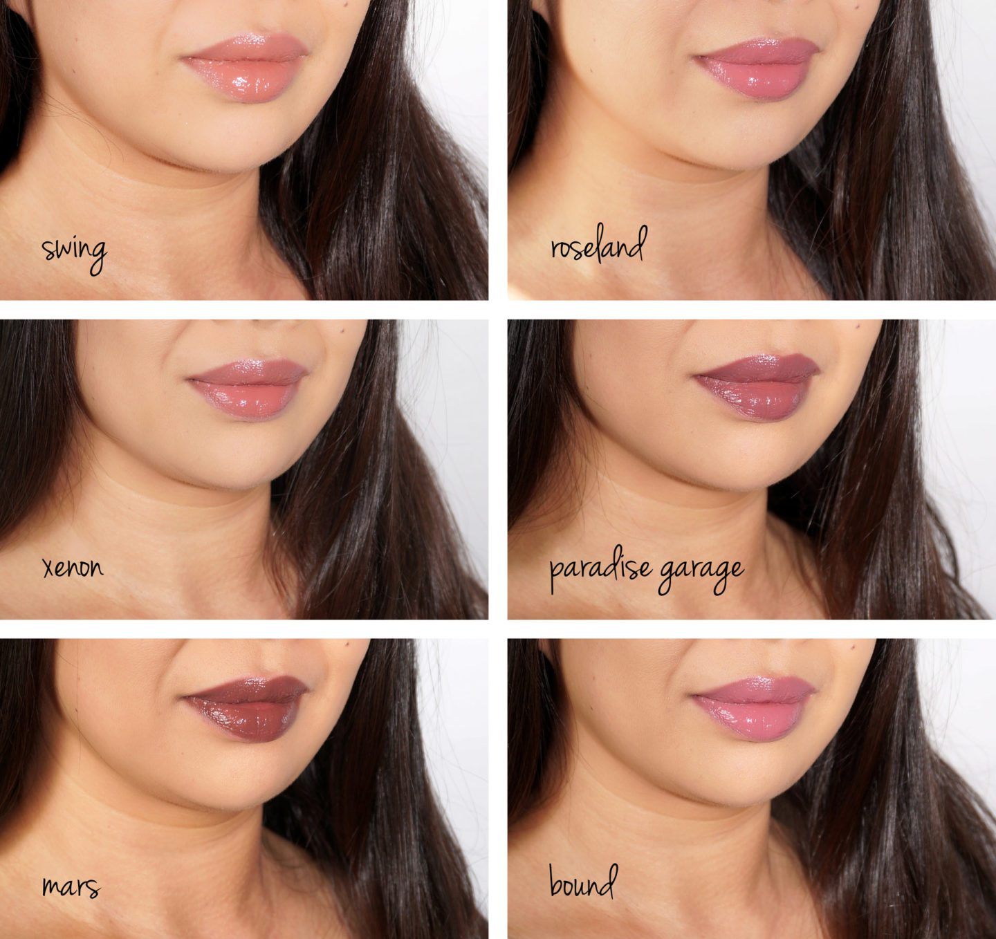 NARS Velvet Lip Glide New Shades Swing, Roseland, Xenon, Paradise Garage and Mars lip swatches via Skin Glow Find