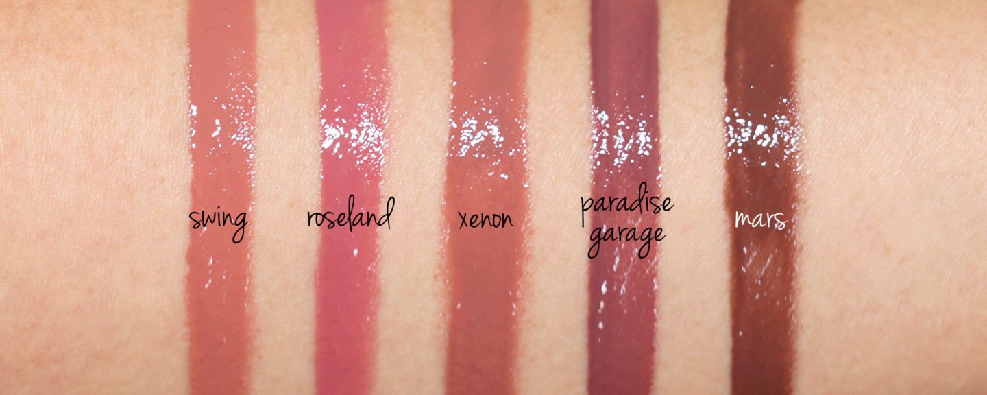 NARS Velvet Lip Glide New Shades Swing, Roseland, Xenon, Paradise Garage and Mars swatches via Skin Glow Find