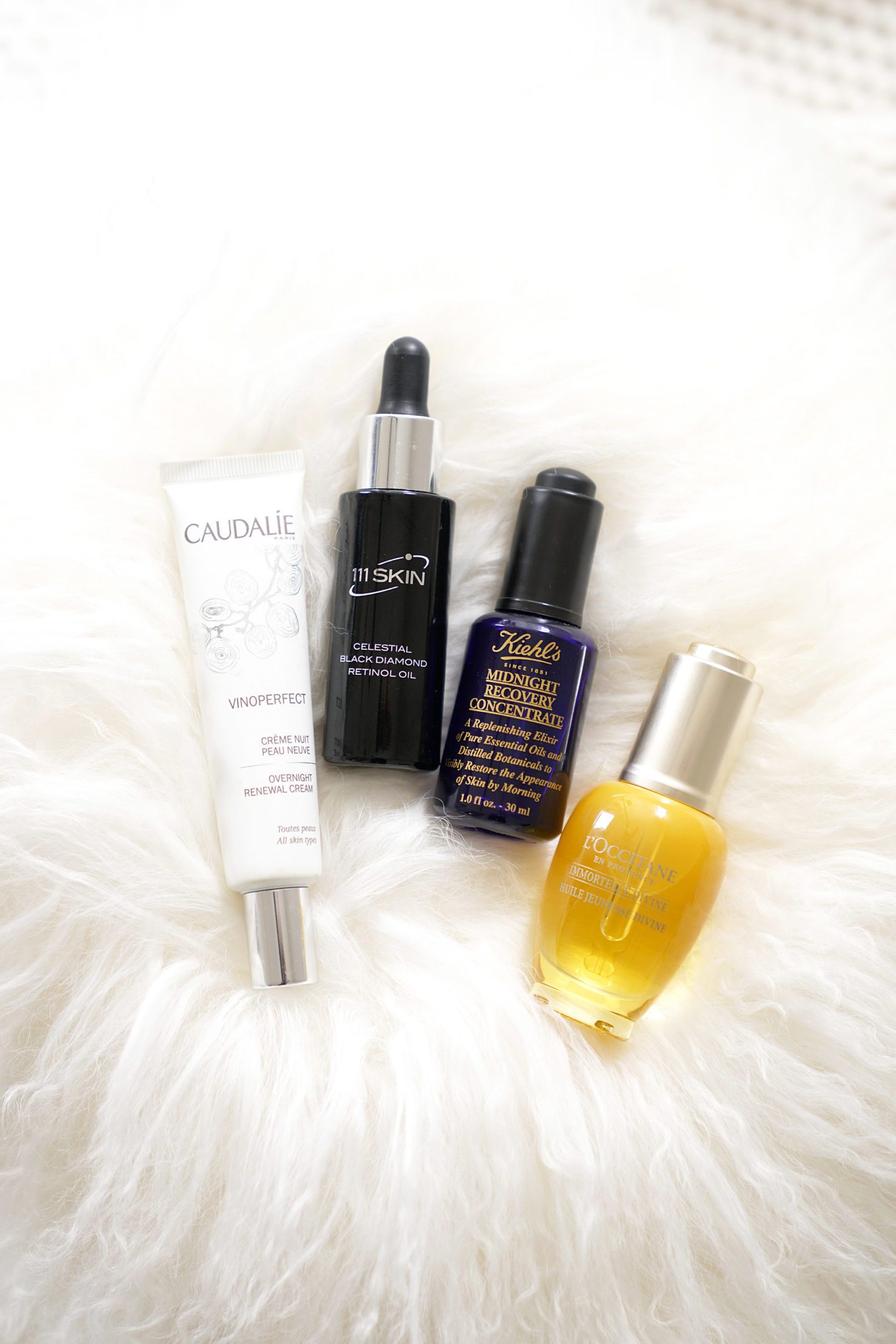 Night Treatments Caudalie Vinoperfect Overnight Renewal Cream, 111Skin Celestial Black Diamond Retinol Oil, Kiehl's Midnight Recovery Concentrate and L'Occitane Immortelle Divine Youth Oil