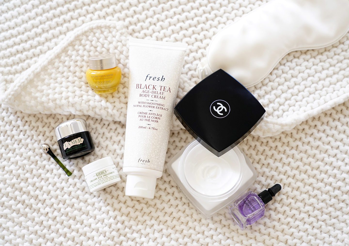 Night Time Treatments La Mer Eye Concentrate, Kiehl's Creamy Avocado Eye Treatment, L'Occitane Immortelle Divine Eye Balm, Fresh Black Tea Body Cream, Chanel Fresh Body Cream, Deborah Lippmann Cuticle Oil