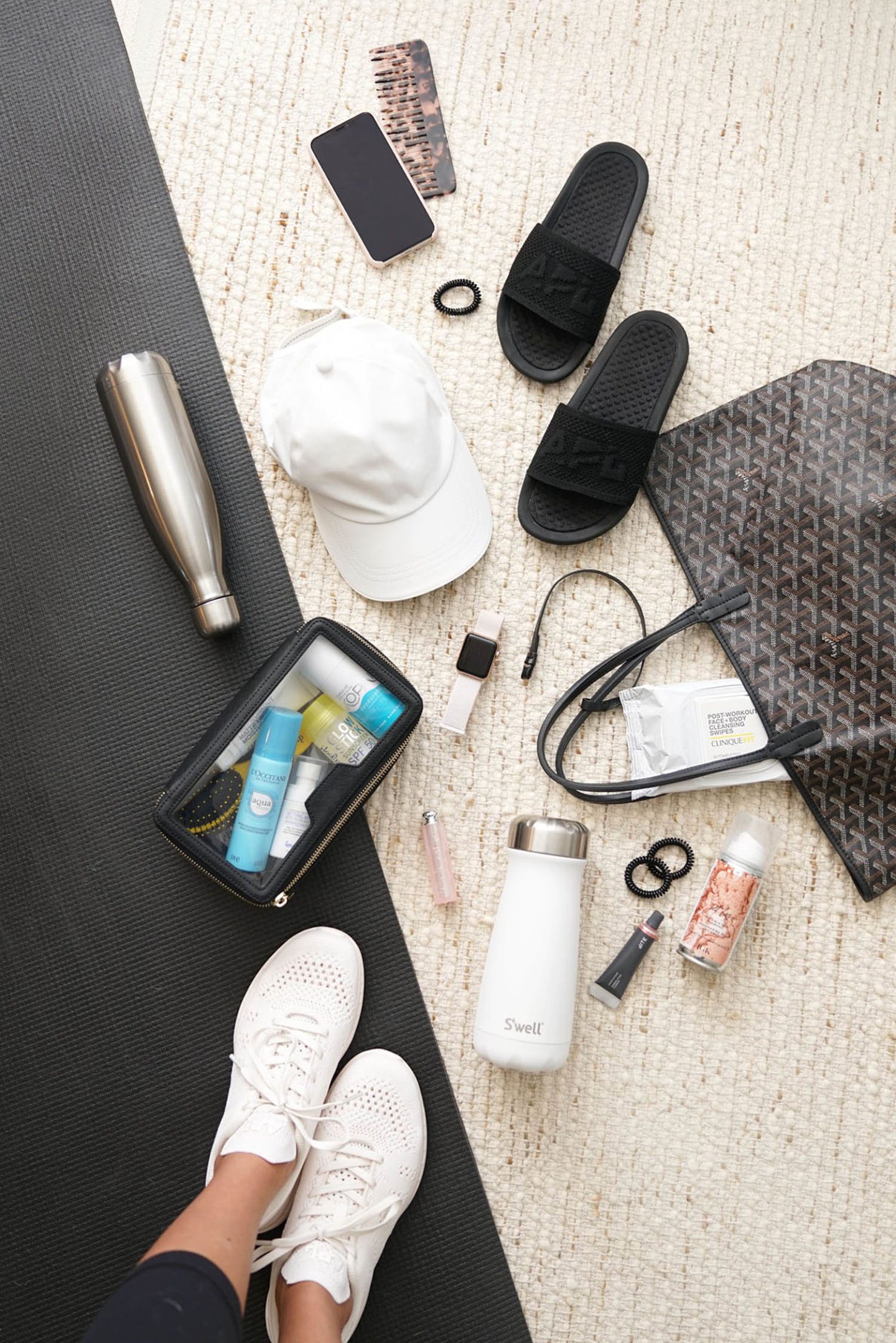 Gym Bag Essentials | S'Well Bottles, APL Slides, Kopari Deodorant, Supergoop Sunscreen