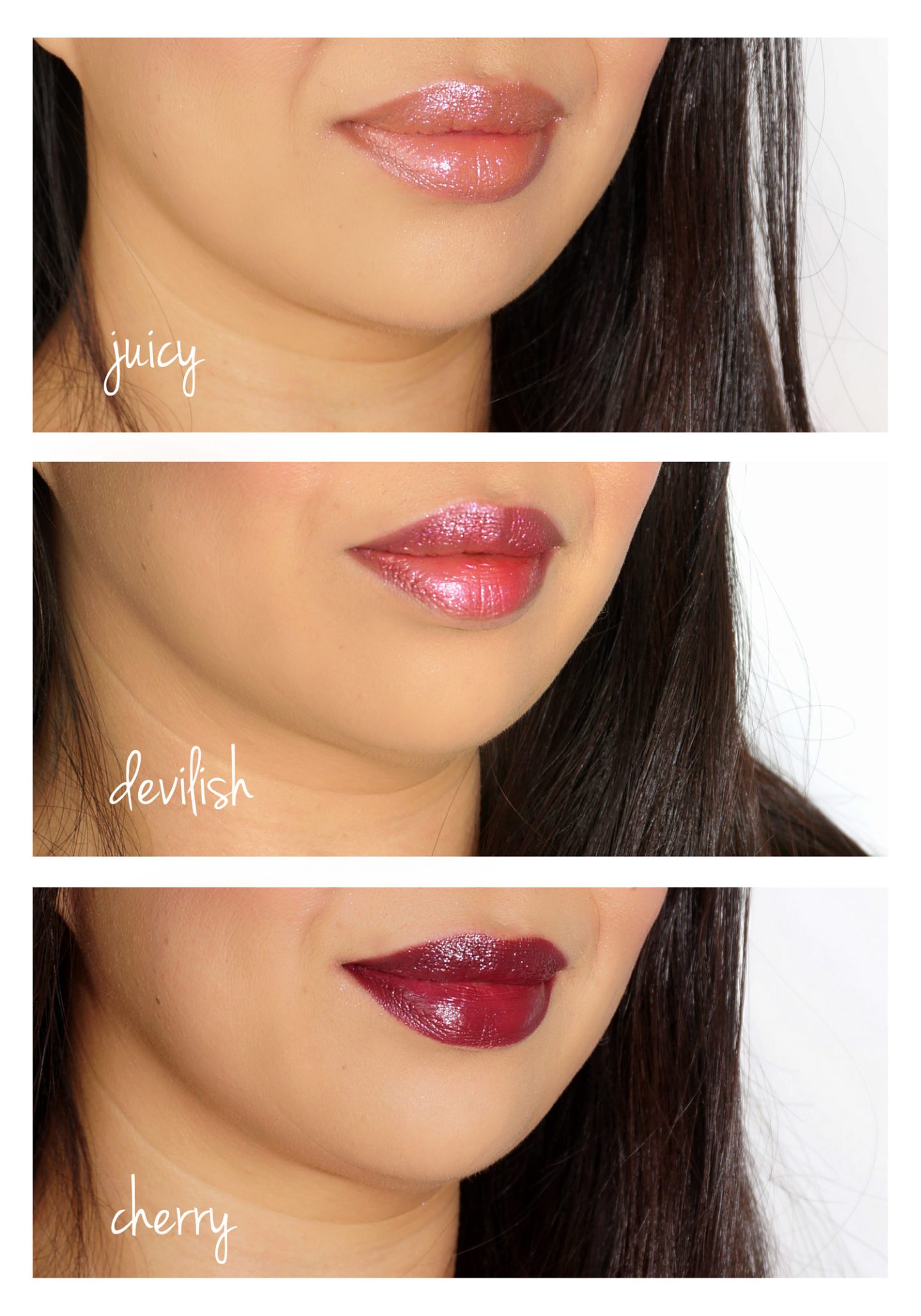 Urban Decay Vice Lipstick Juicy, Devilish, Cherry swatches