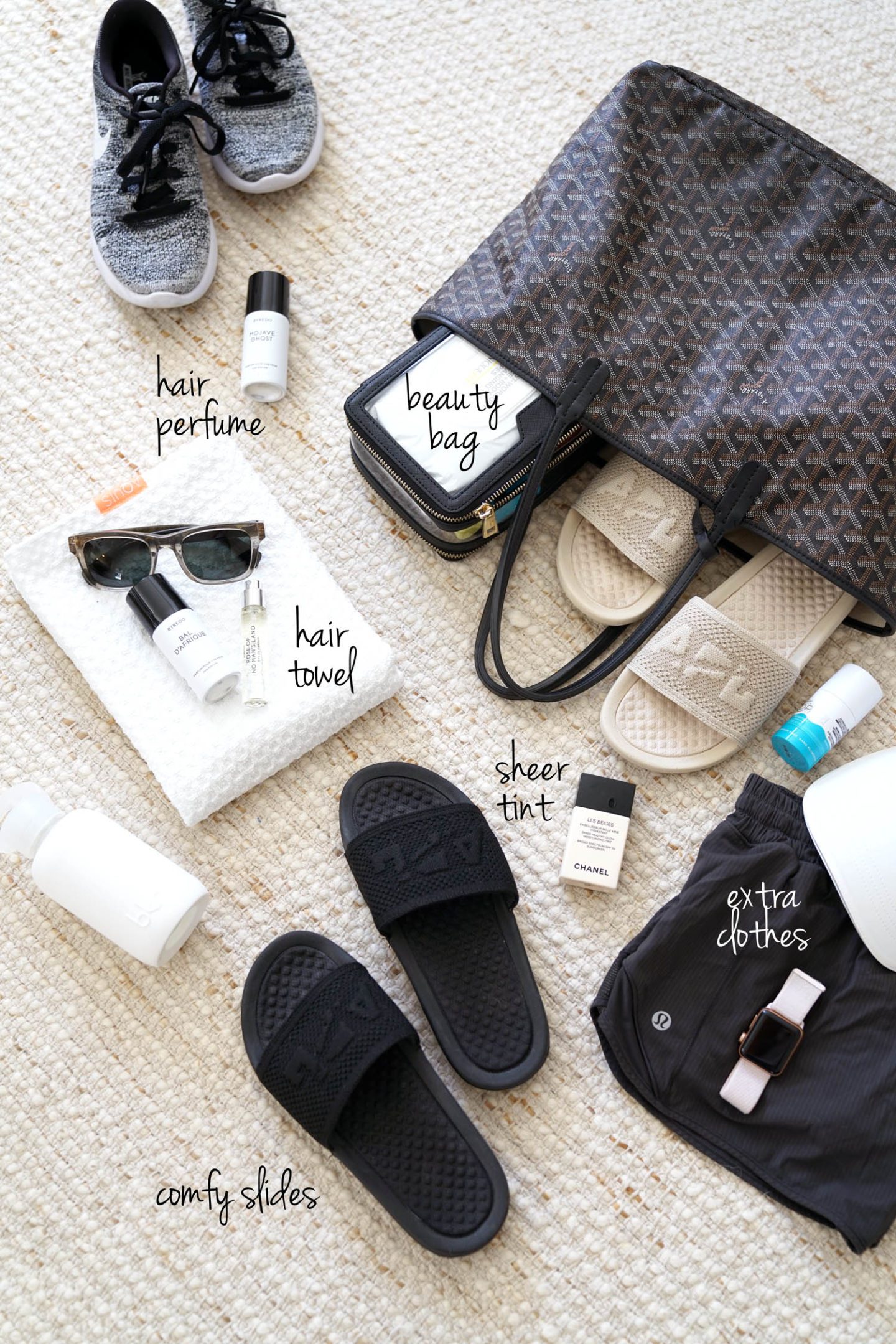 Post Workout Favorites Aquis Hair Towel, APL Slides, Byredo Hair Perfume