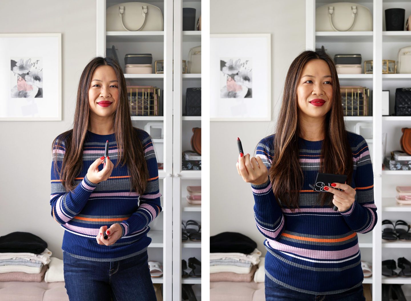 Frame Stripe Crewneck Sweater and NARS Velvet Matte Lip Pencil in Rebel