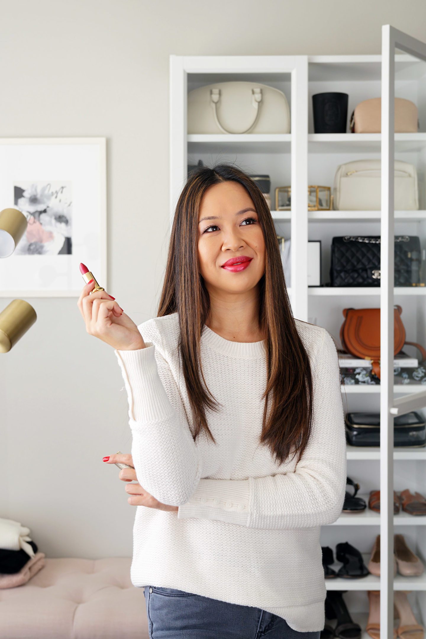 Loft Textured Button Cuff Sweater and Pat McGrath BlitzTrance Lipstick in Rebel Red