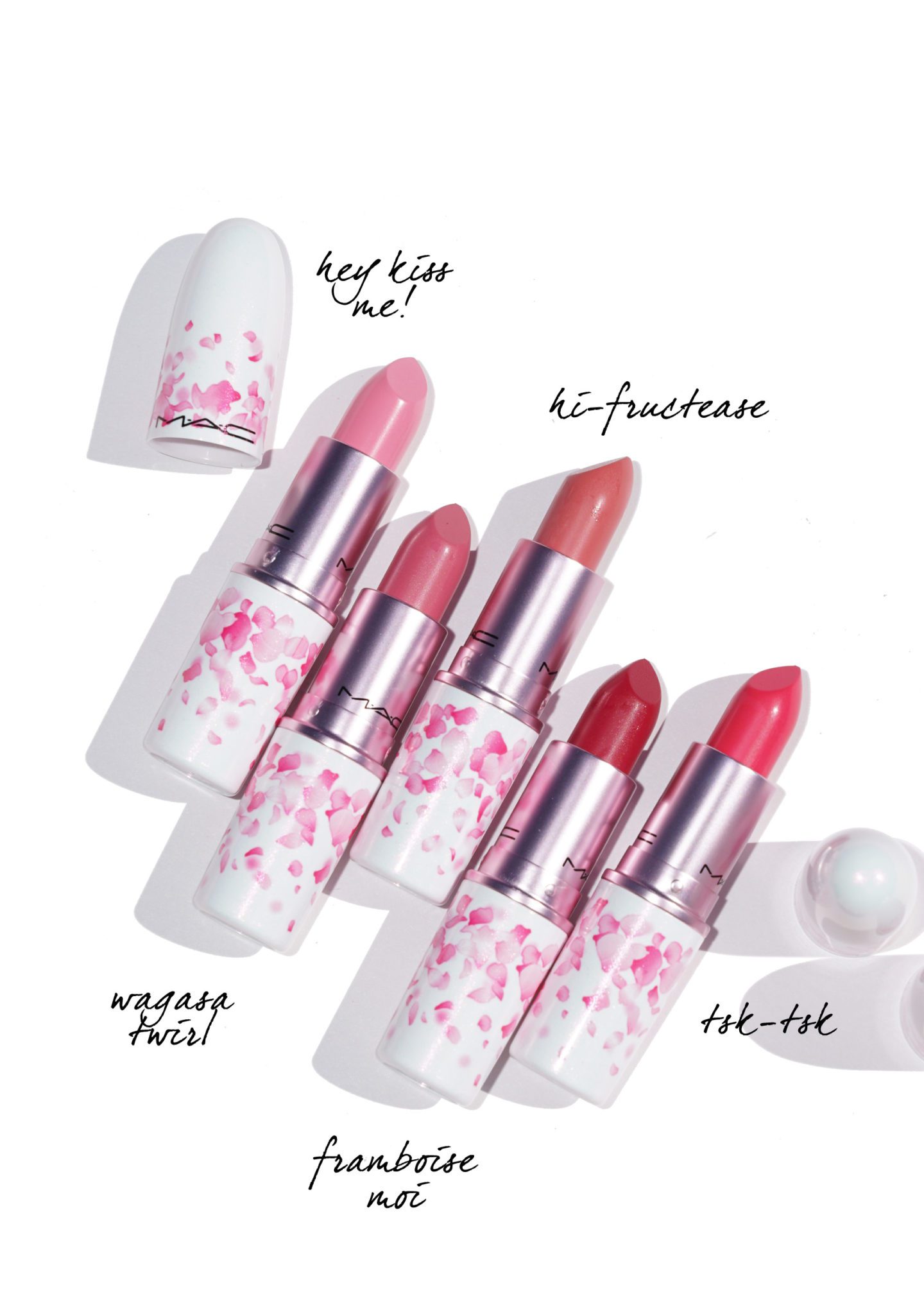 MAC Hey Kiss Me, Wagasa Twirl, Hi Fructease, Tsk Tsk and Framboise Moi swatches