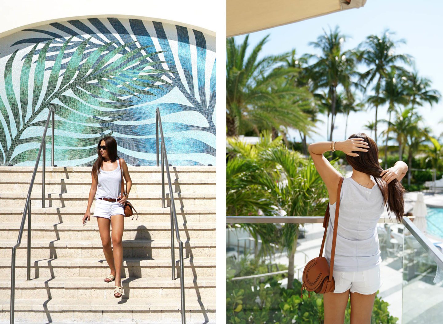 Vacation casual outfit, Jcrew Pale Blue Tank, 7 For All Mankind Cutoff shorts, Chloe Mini Marcie Bag