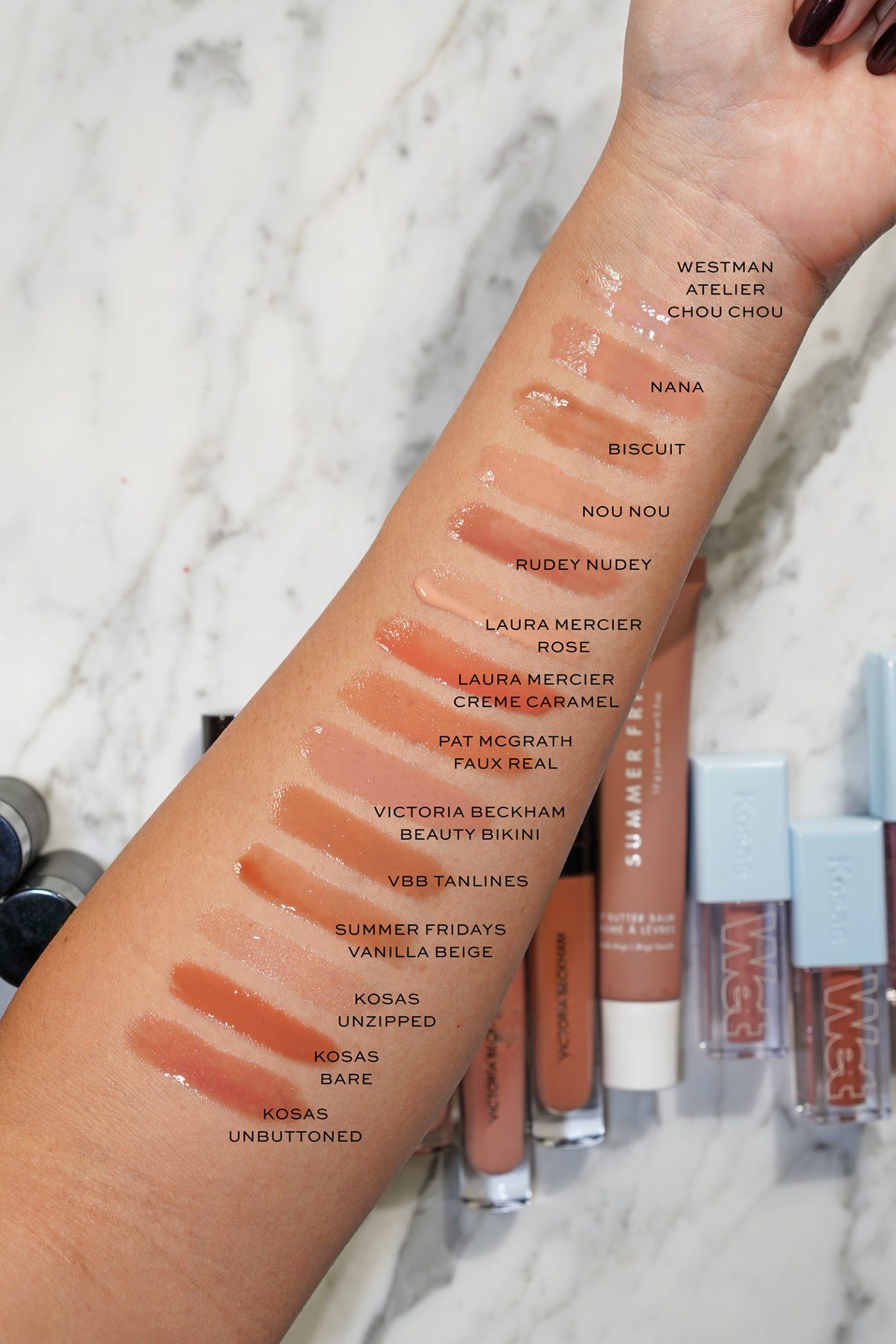 Neutral lip gloss swatches Westman Atelier, Laura Mercier, Kosas