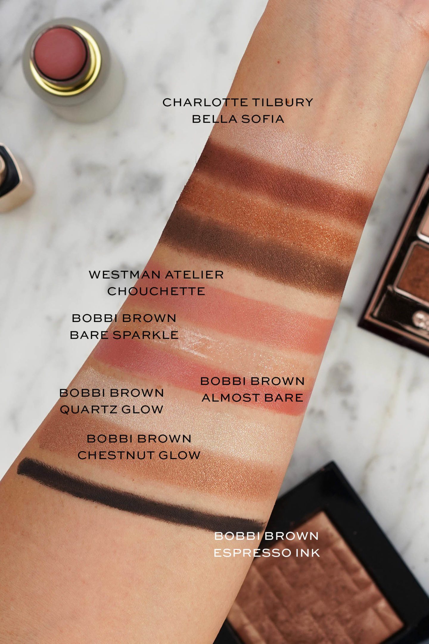 Natural Makeup Look Bobbi Brown and Charlotte Tilbury swatches