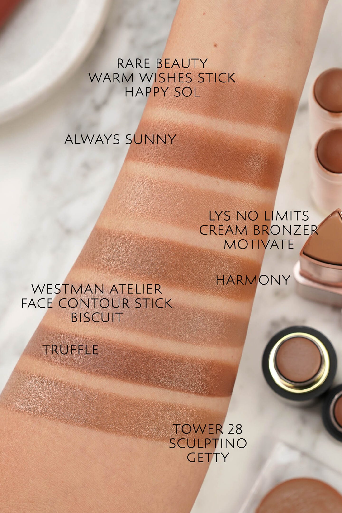 Rare Beauty Warm Wishes Effortless Bronzer swatches vs Westman Atelier