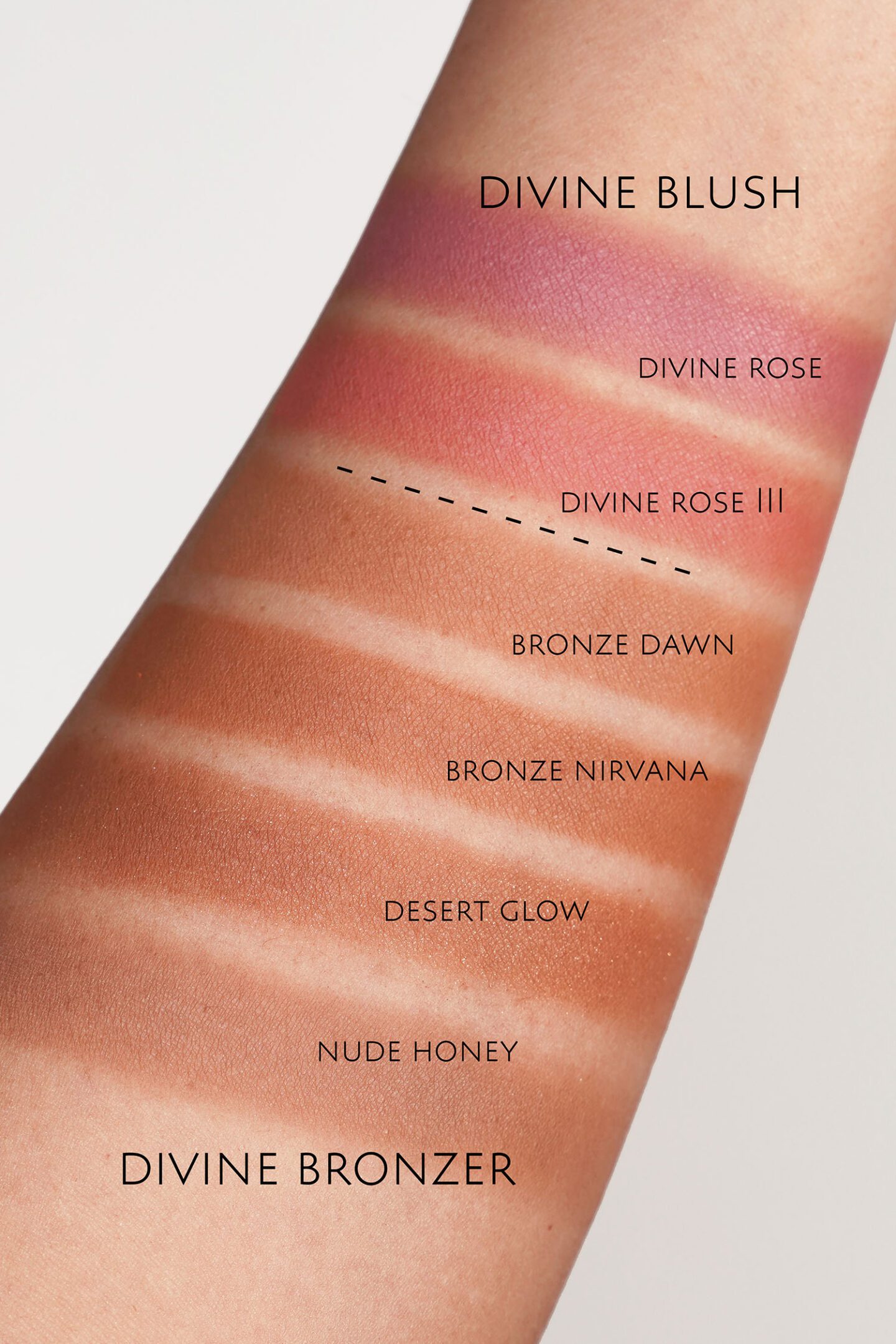 Pat McGrath Divine Bronzer swatches Bronze Dawn, Bronze Nirvana and Desert Glow 