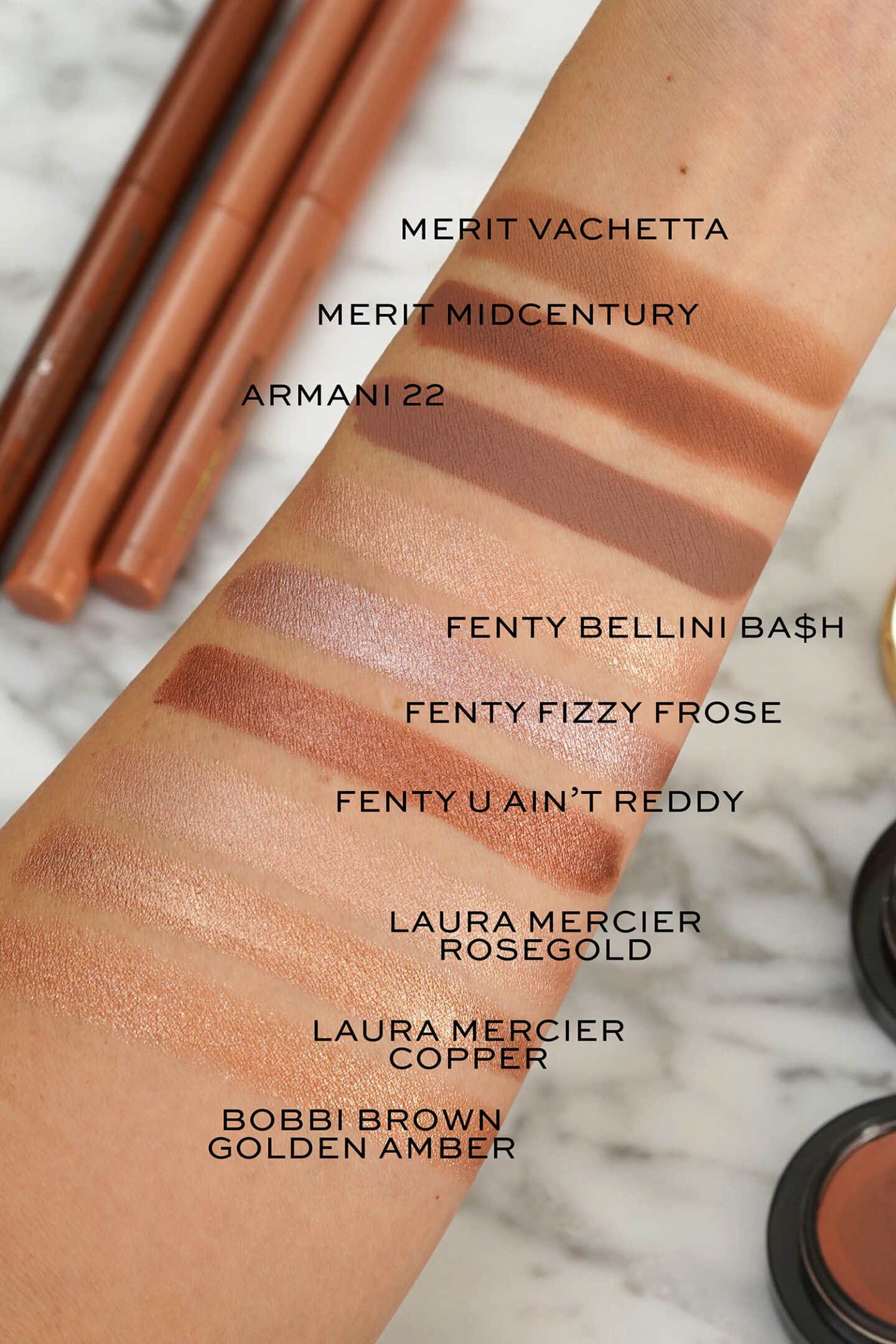 Merit, Fenty, Armani, Laura Mercier eyeshadow swatches