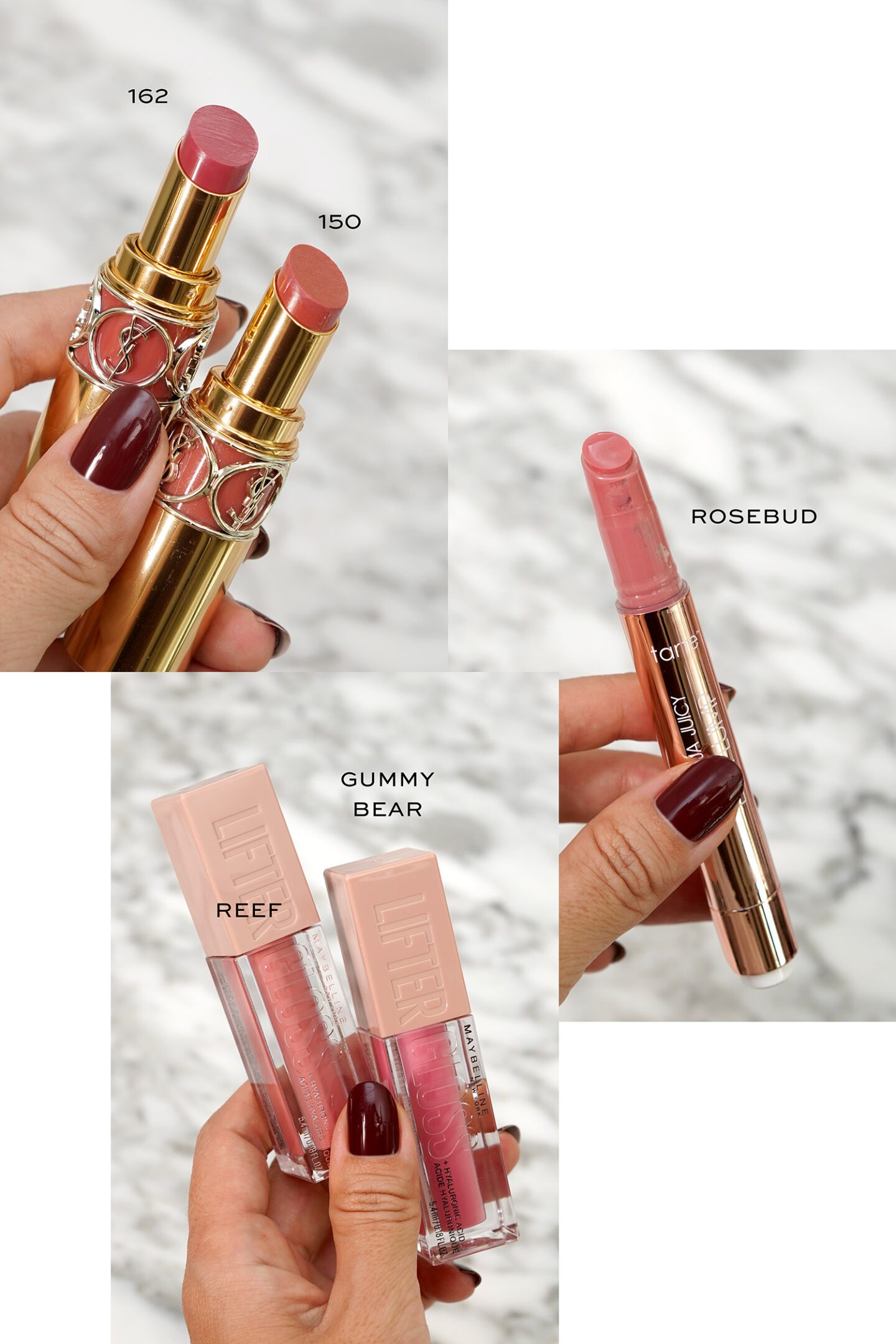 September Lip Favorites YSL Rouge Volupte Shine, Tarte Maracuja Juicy Plump Rosebud, Maybelline Lifter Glosses