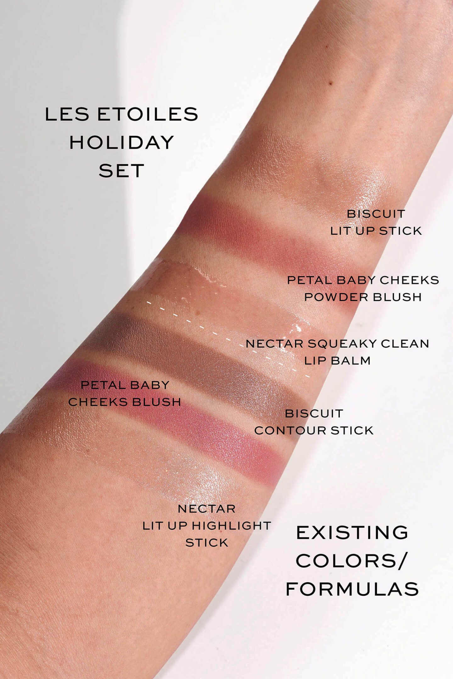 Westman Atelier Holiday Set 2023 Les 'Etoiles Lip, Blush & Highlighter Edition Set - Biscuit, Nectar and Petal swatches