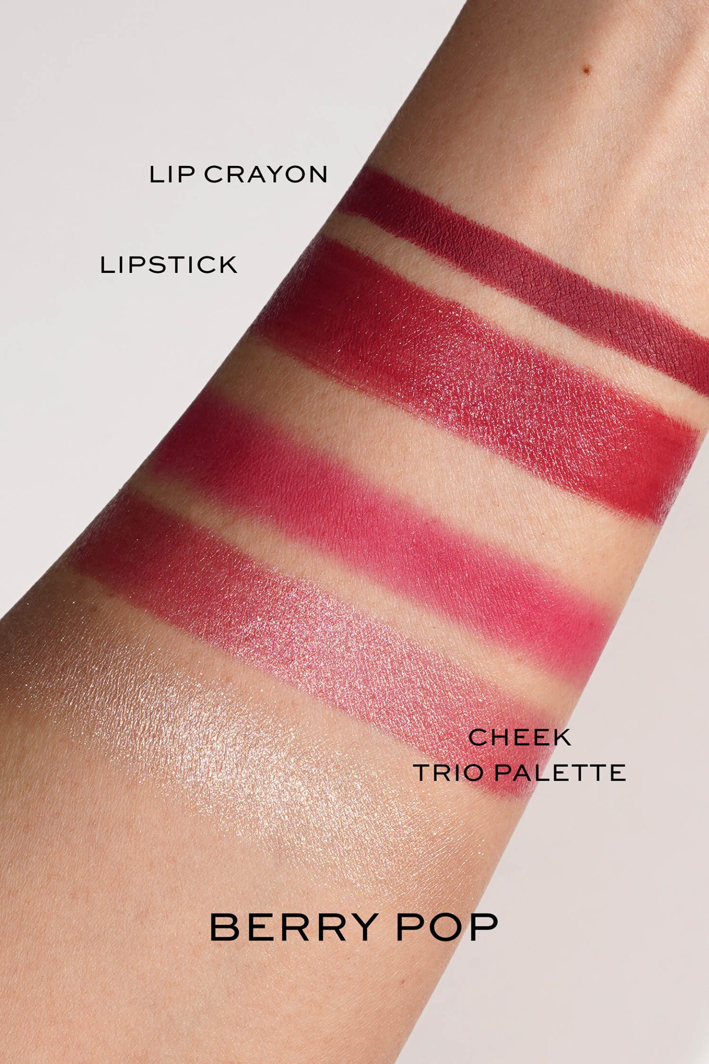 Natasha Denona Berry Pop Cheek Trio, Lipstick and Lip Liner swatches