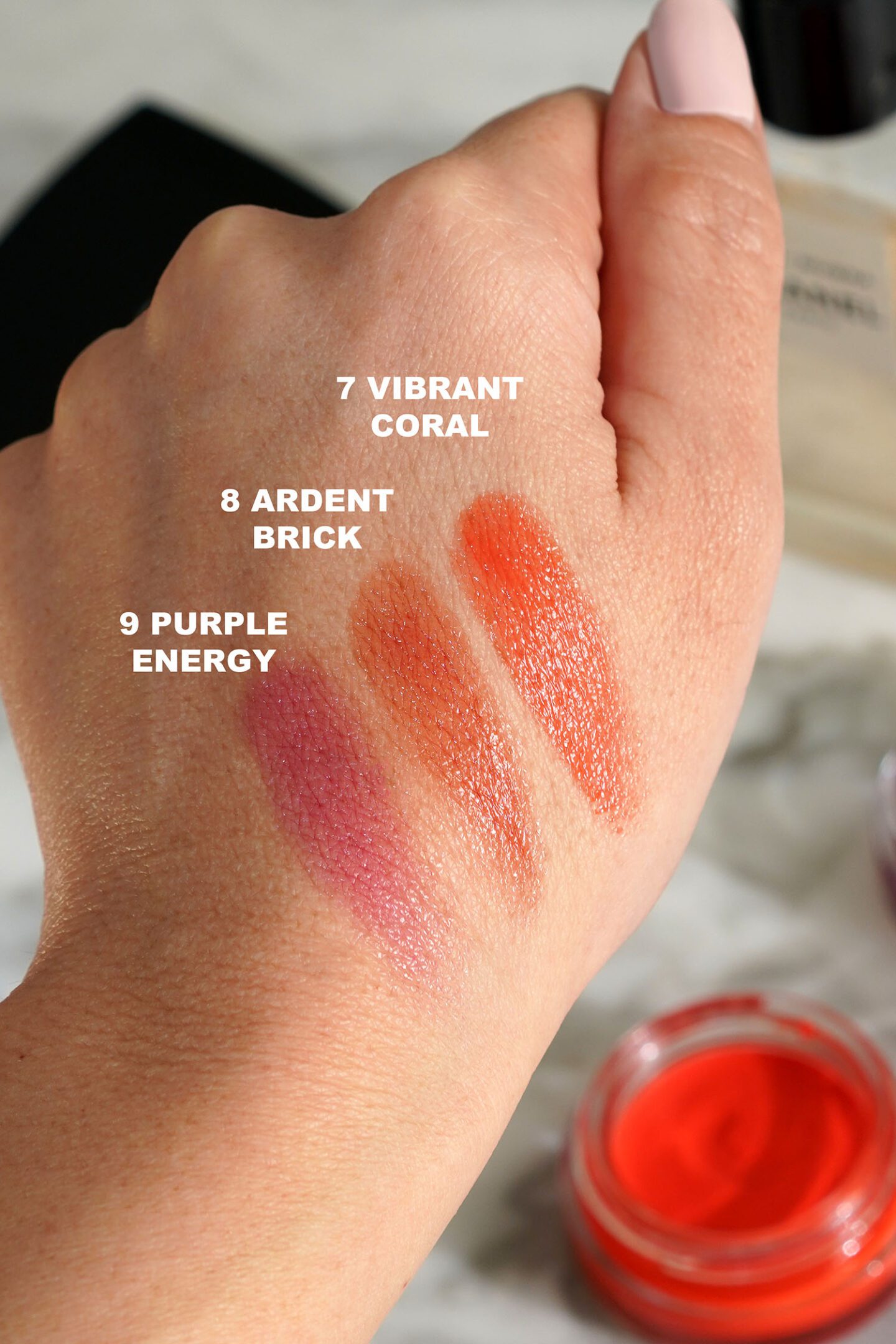 No 1 de Chanel Revitalizing Lip Cheek Balm swatches Vibrant Coral, Ardent Brick, Purple Energy