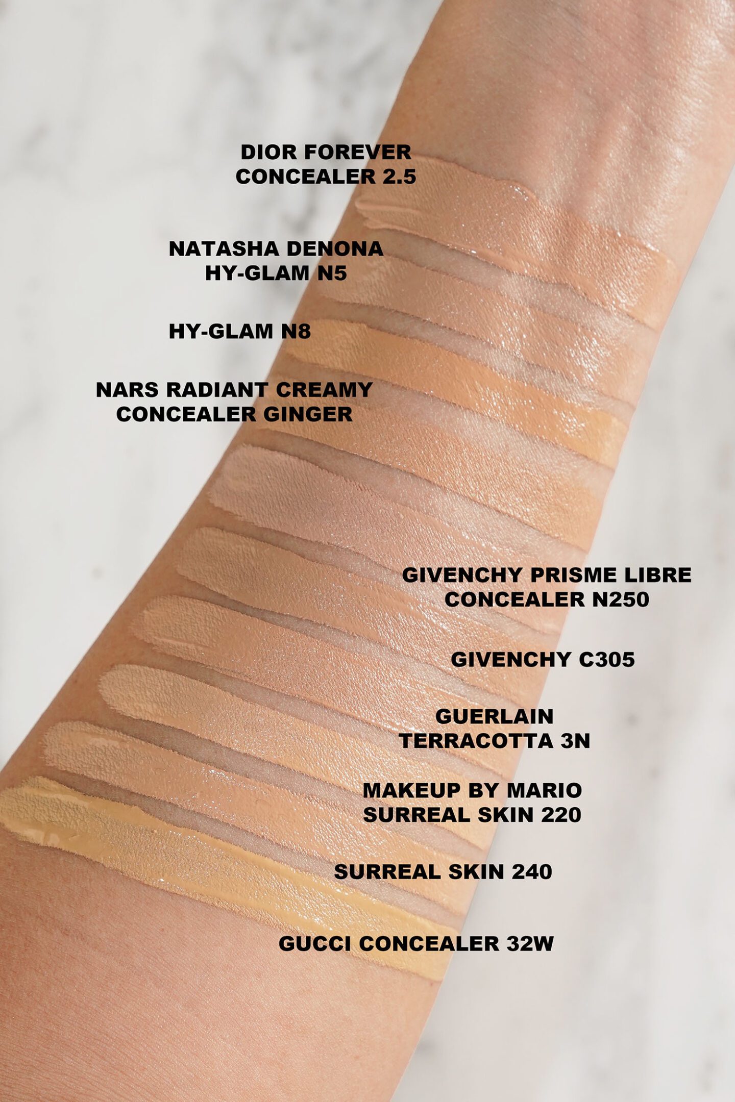 Guerlain Terracotta Concealer 3N swatches vs Dior, Givenchy, Natasha Denona, Makeup by Mario