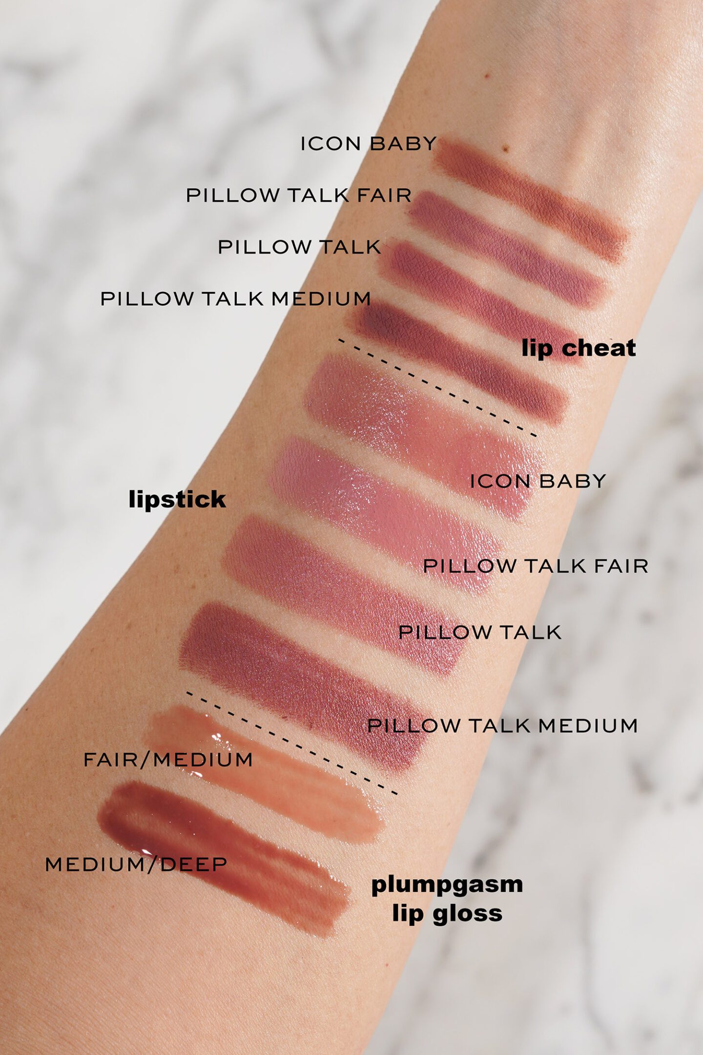 Swatches Charlotte Tilbury Pillow Talk Additions: Pillow Talk Fair, Original and Medium