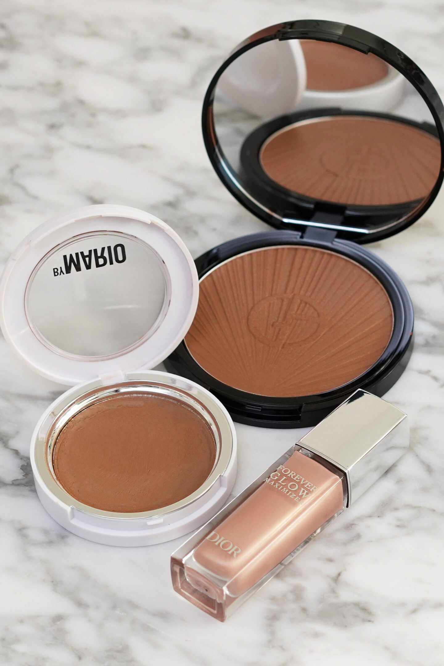 Makeup By Mario Supersculpt Medium, Armani Luminous Silk Bronzer, Dior Glow Maximizer in Nude