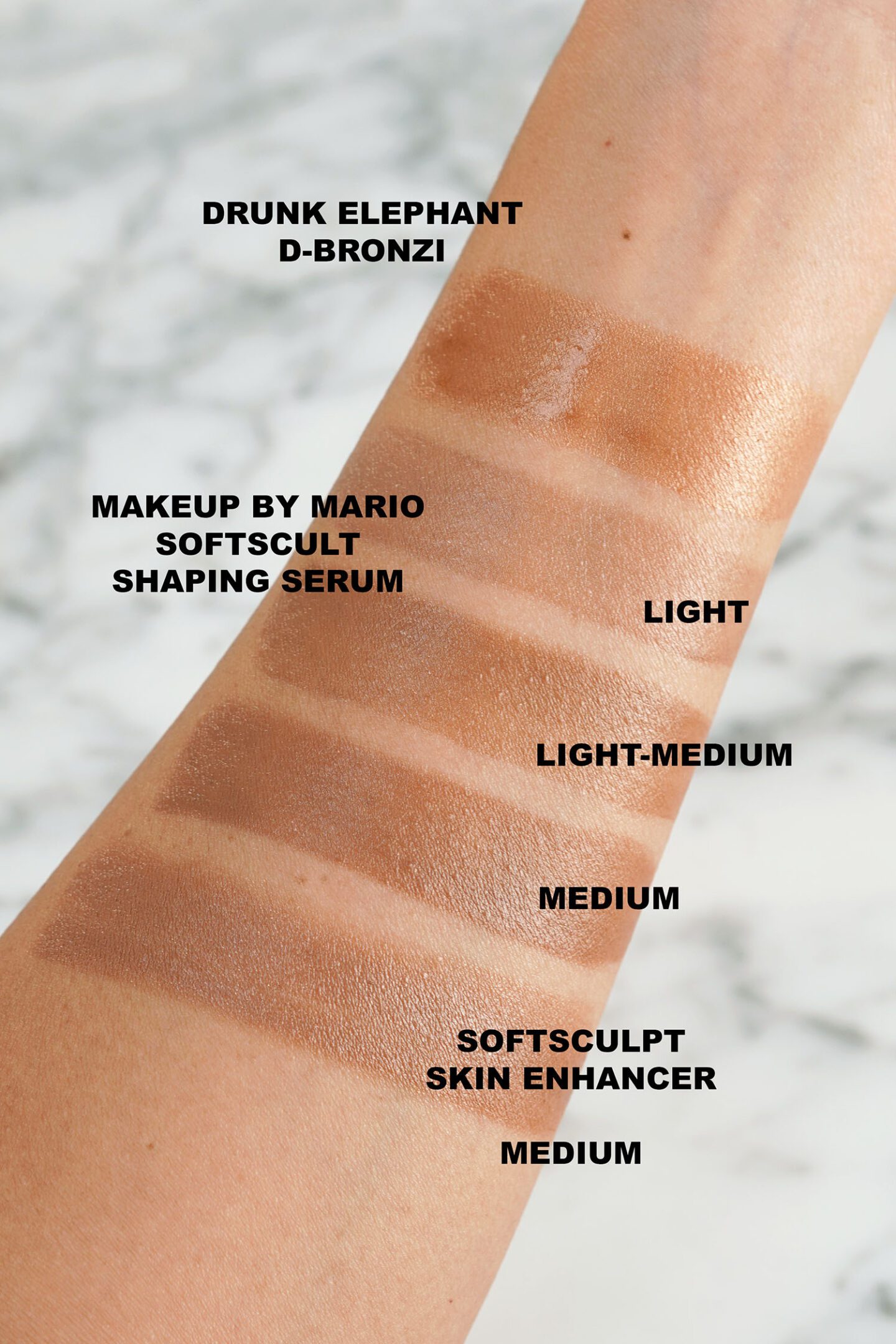 Makeup By Mario SoftSculpt Bronzing Shaping Serum swatches Light, Light Medium and Medium